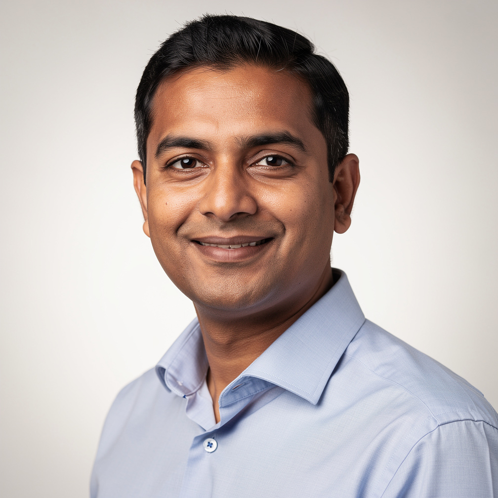 Studio portrait of a South Asian man in his 40s wearing a collared shirt