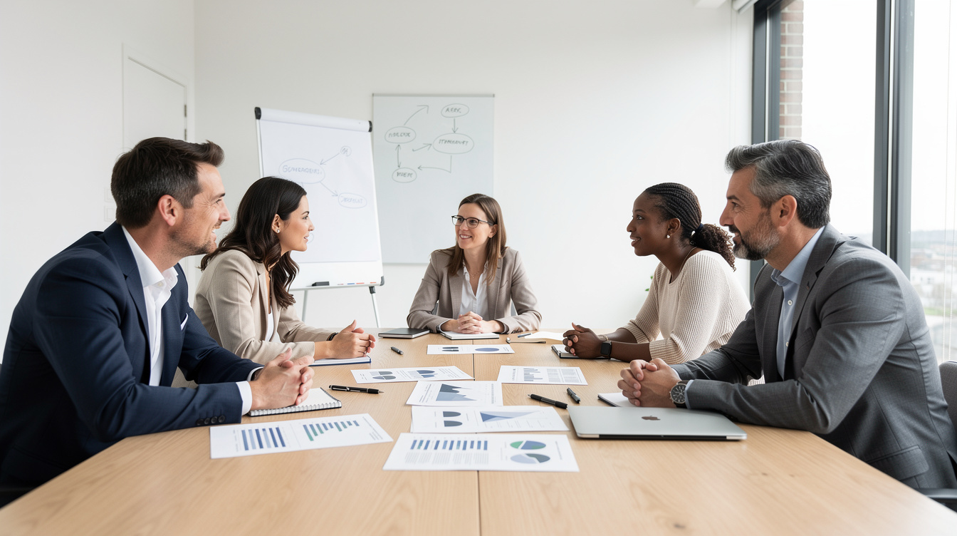 Diverse group of Belgian professionals discussing strategy around a table in a bright meeting room